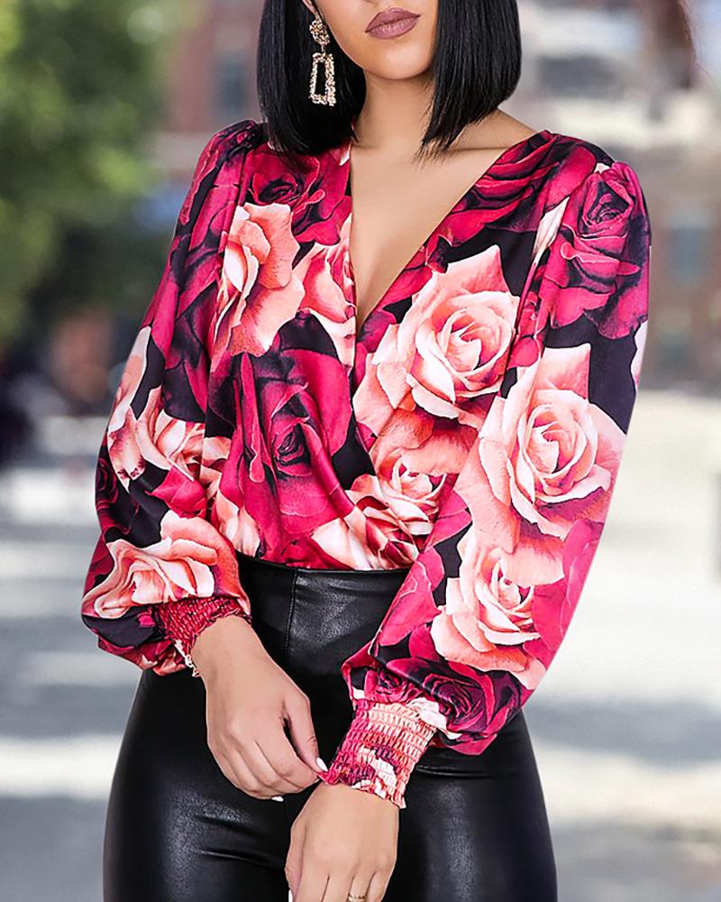 

Floral Print V-Neck Lantern Sleeve Bodysuit, Multicolor