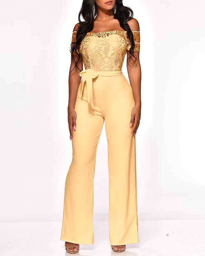 

Off Shoulder Lace Embroidery Wide Leg Jumpsuit, Khaki