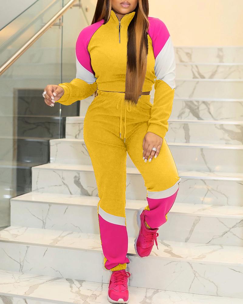 

Colorblock Insert Zipper Design Crop Top & Drawstring Pants Sets, Yellow