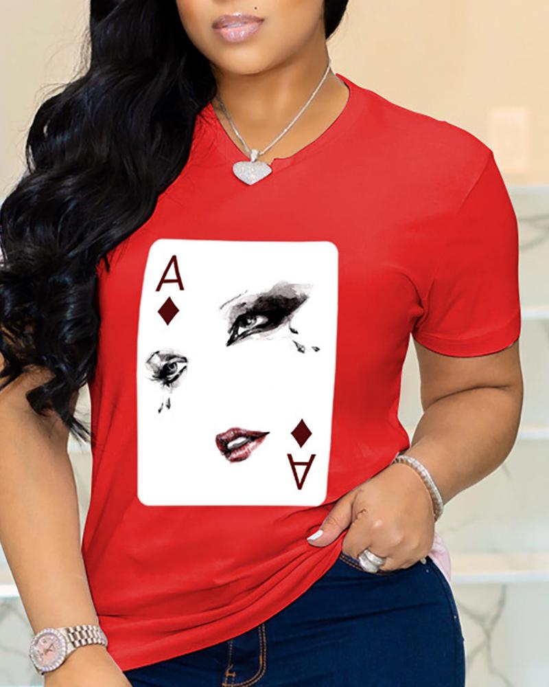 

Poker Figure Print Short Sleeve Casual T-shirt, Red