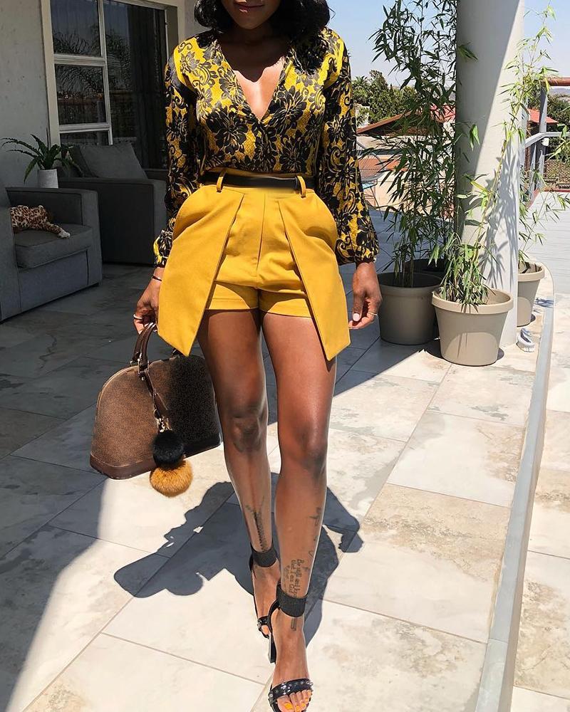 

Print Lantern Sleeve Shirt & Short Set, Yellow
