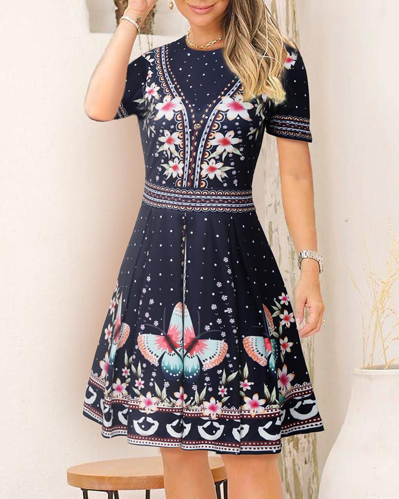

Short Sleeve Butterfly Print Midi Dress