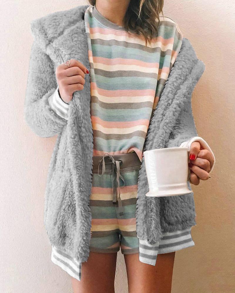 

Striped Pocket Design Teddy Coat, Gray
