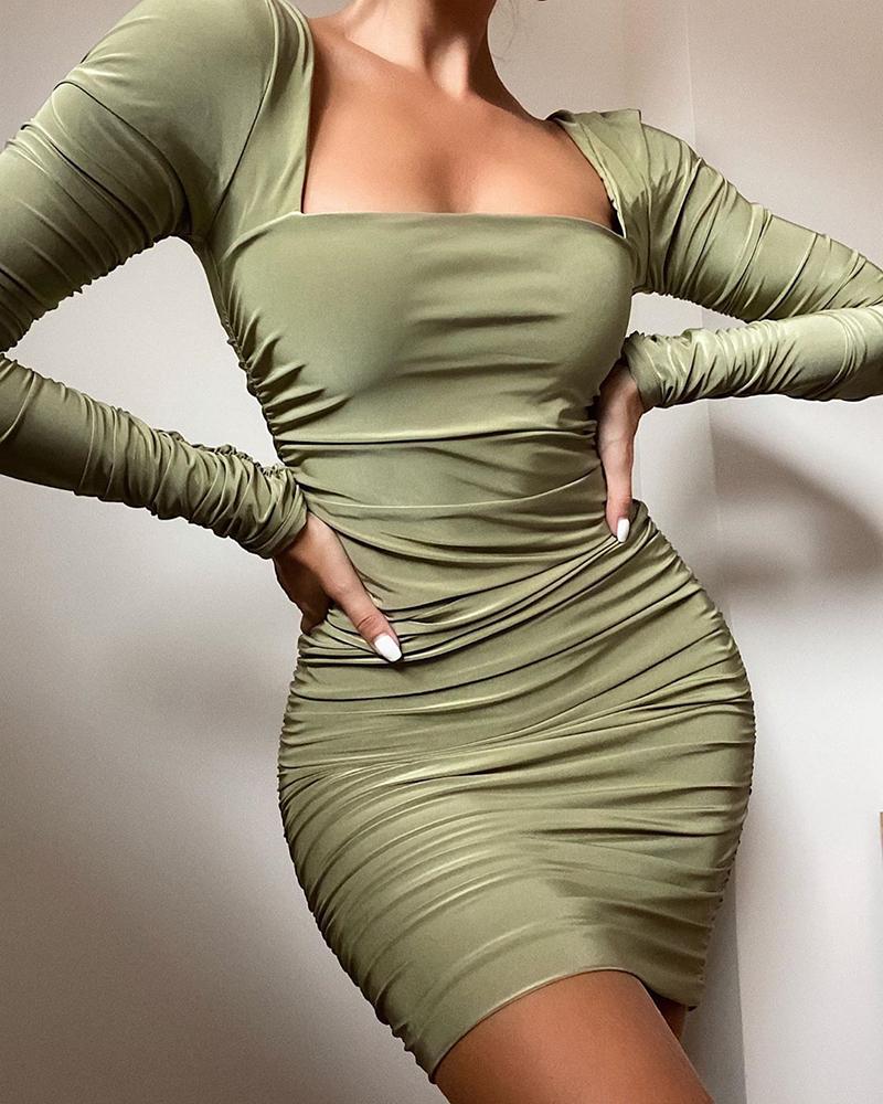 

Plain Ruched Backless Bodycon Dress, Green