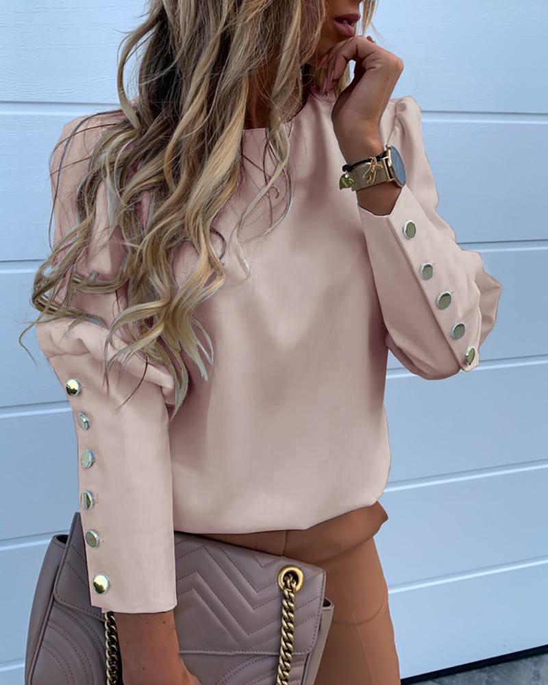 

Solid Metal Buttoned Detail Casual Blouse, Pink