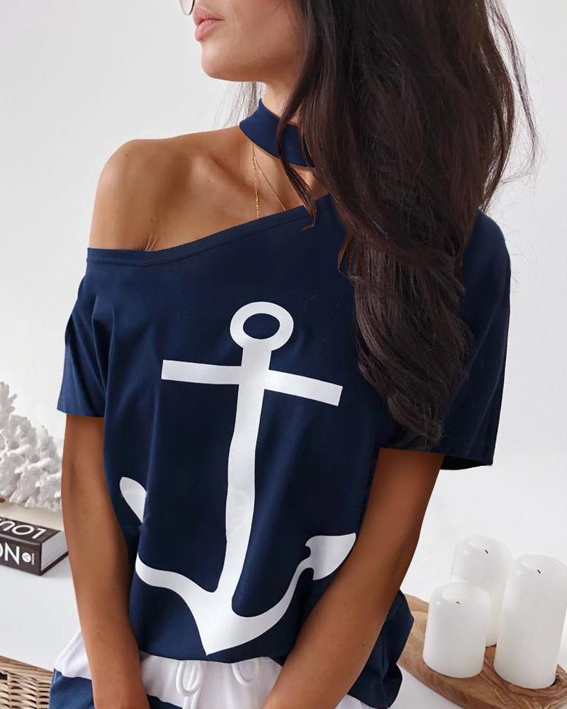 

Choker One Shoulder Boat Anchor Print T-Shirt, Dark blue