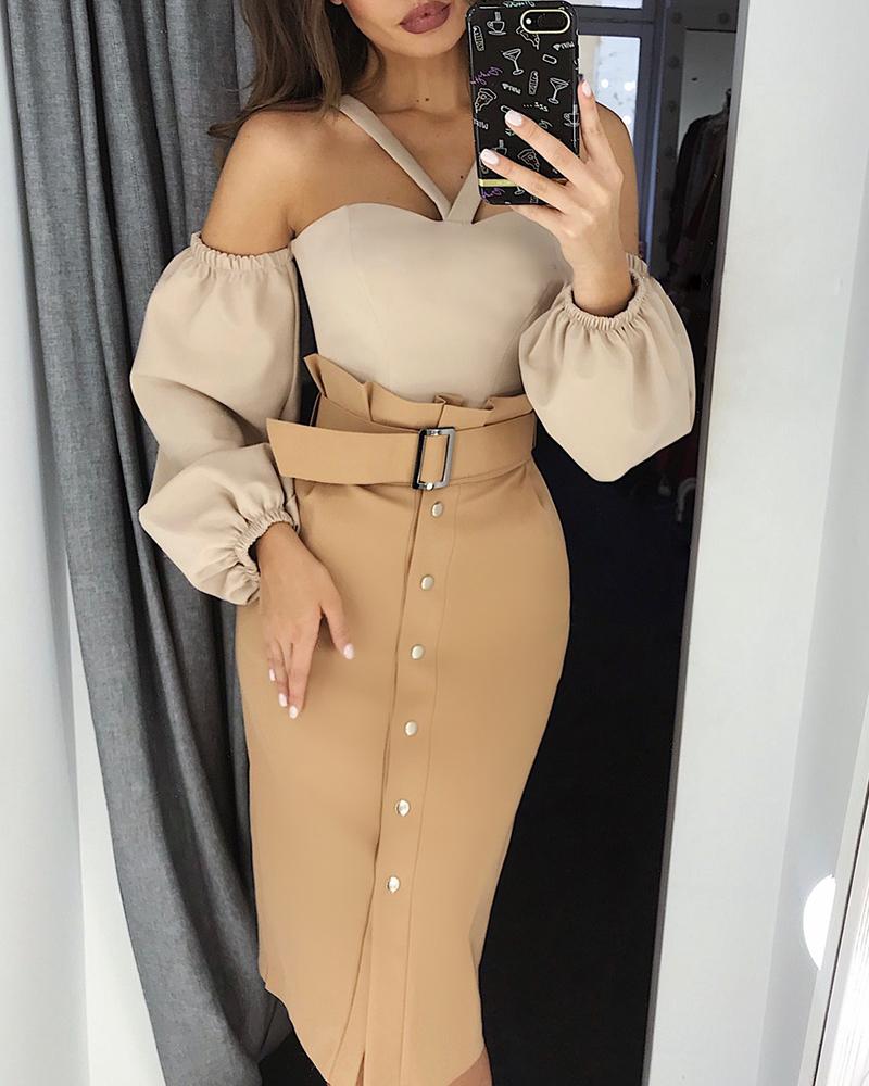

Cold Shoulder Lantern Sleeve Blouse