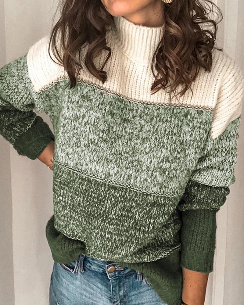 

Colorblock Striped High Neck Sweater, Green