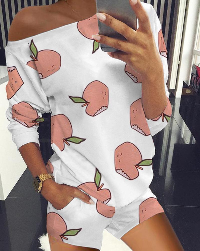 

Fruit Print Long Sleeve Top & Short Set, White
