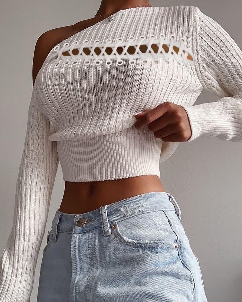 

Long Sleeve Eyelet Lace Up Sweater, White