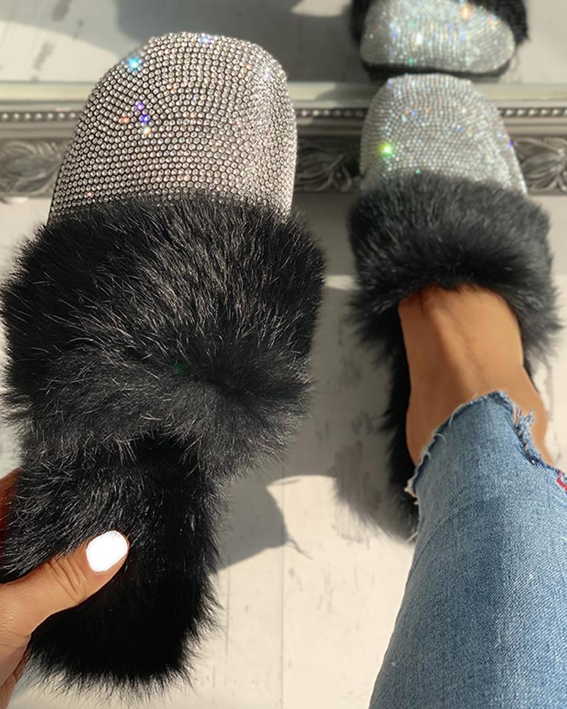 

Fluffy Glitter Sequins Flat Shoes, Black