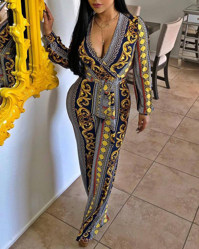 

Deep V Scarf Print Belted Jumpsuits, Yellow