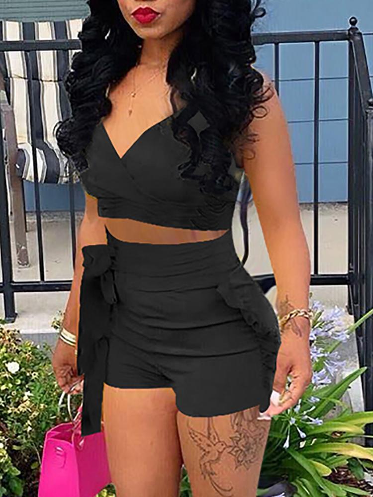 

Frills Crop Top&High Waist Shorts Sets