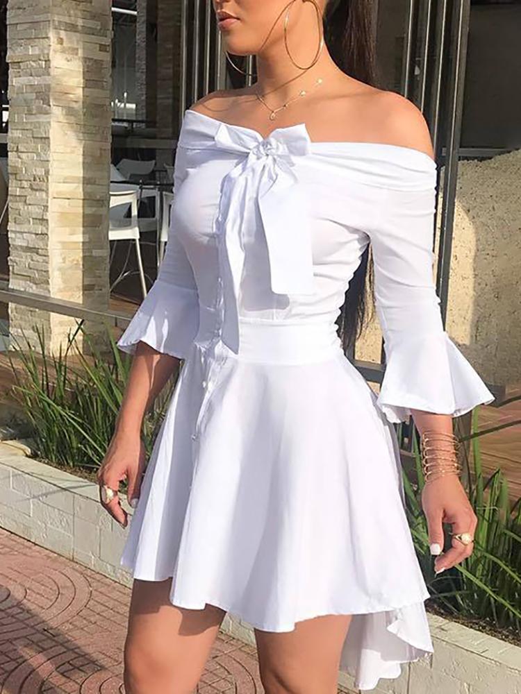 

Bowknot Flared Sleeve Dip Hem Shirt Dress