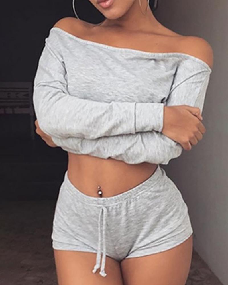 

Solid Off Shoulder Long Sleeve Top & Short Set, Gray