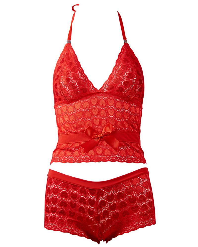 

Heart Pattern Halter Bowknot Cami Set, Red