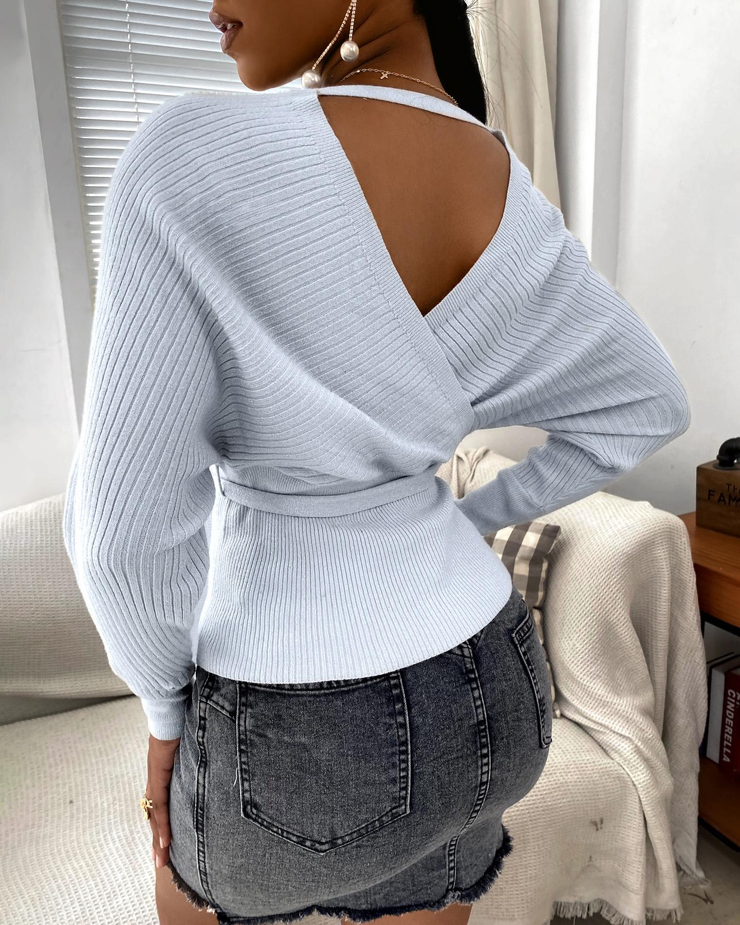 

Solid Surplice Cut Out Back Casual Sweater, Light gray