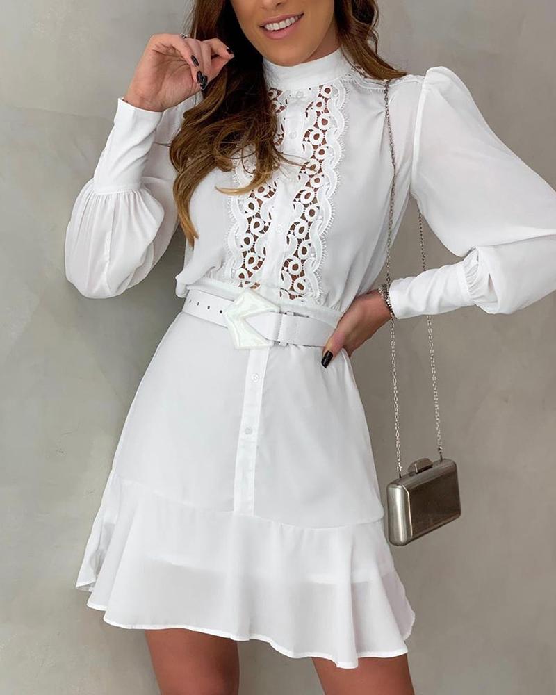 

Solid Puff Sleeve Hollow Out Lace Mini Dress, White