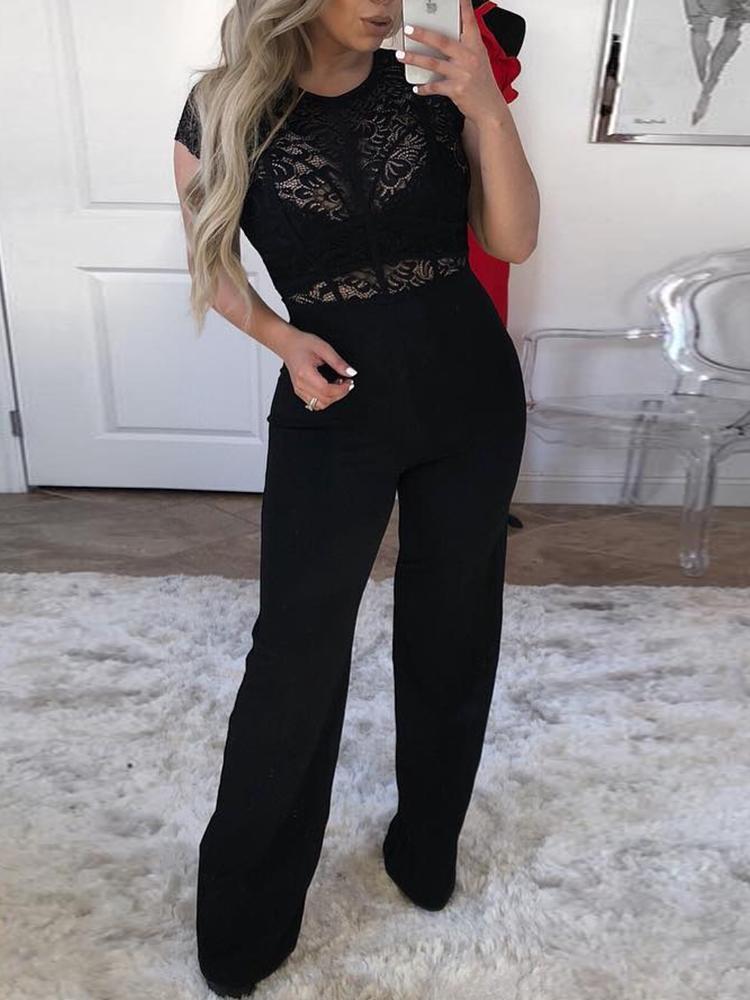 

Solid See Through Lace Flared Leg Jumpsuit, Black