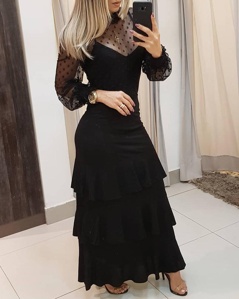 

Dot Mesh Top & Ruffles Maxi Skirt Set, Black
