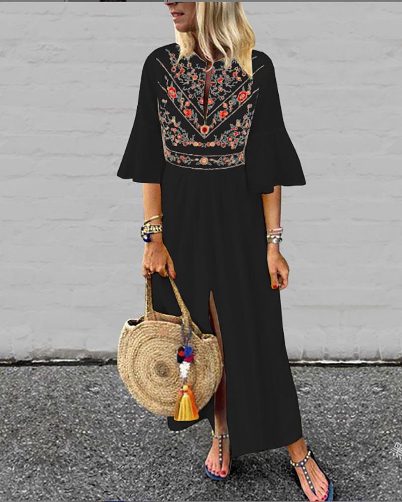 

Floral Bell Sleeve Slit Casual Dress, Black