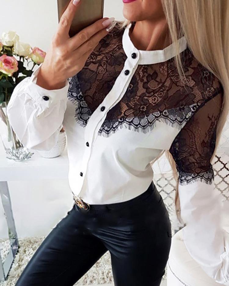 

Eyelash Lace Insert Button Up Blouse, White