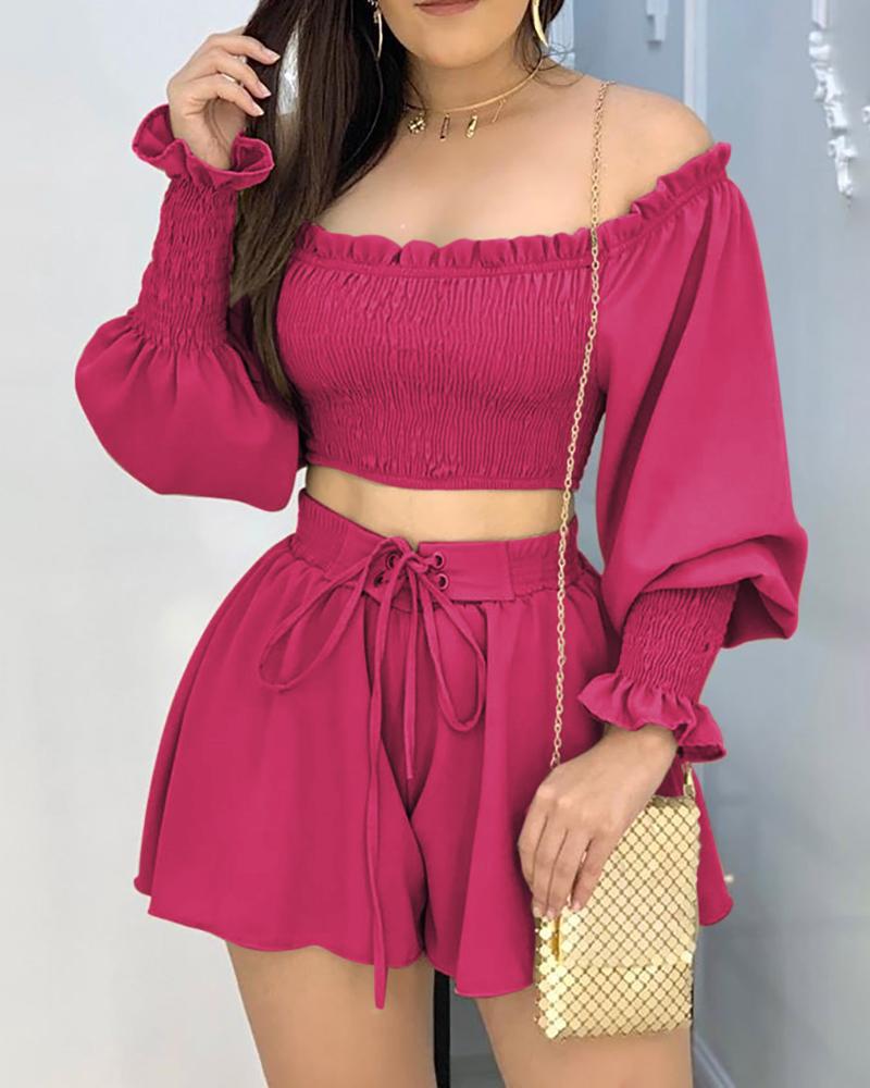 

Off Shoulder Ruched Crop Top With Shorts Set, Hot pink