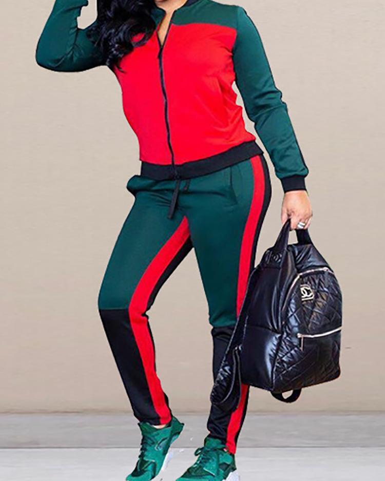 

Colorblock SplicingZipper Design Coat & Striped Tape Pant Sets