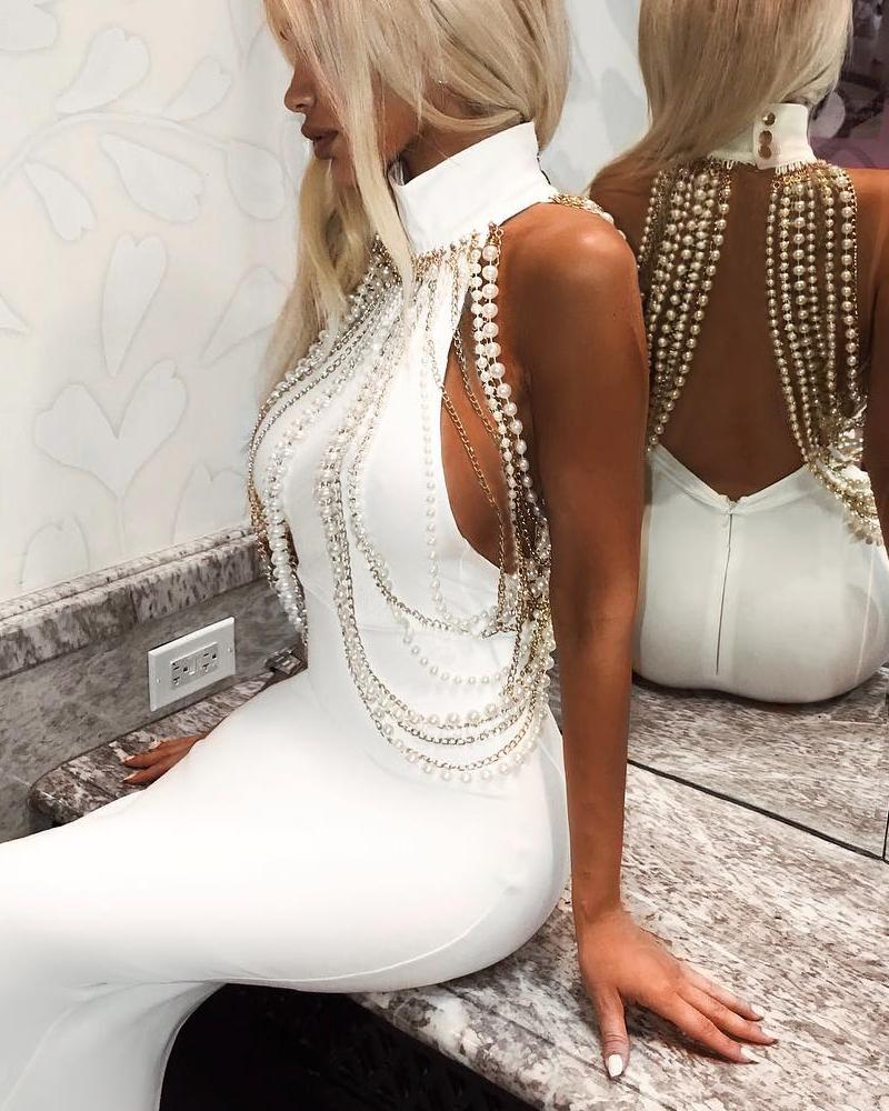 

Beads Chain Embellished Party Dress, White