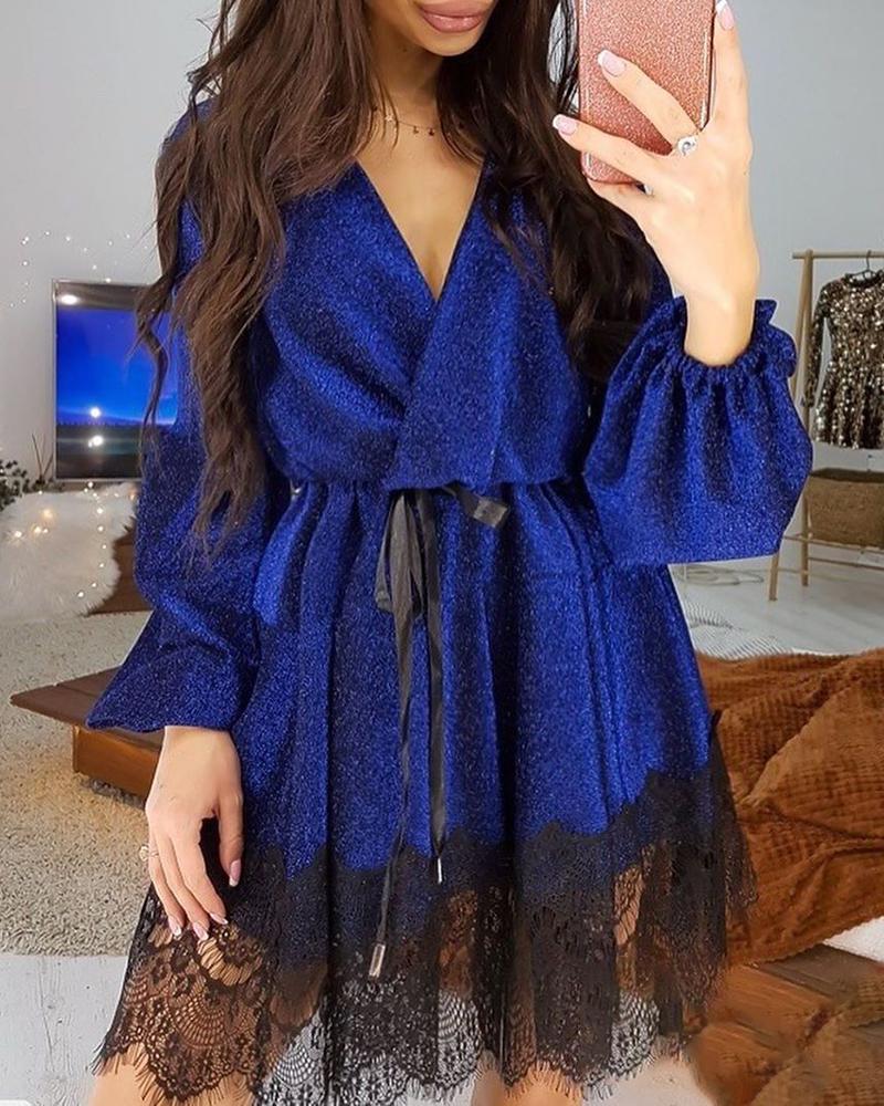 

Eyelash Lace Trim Glitter Long Sleeve Dress, Blue