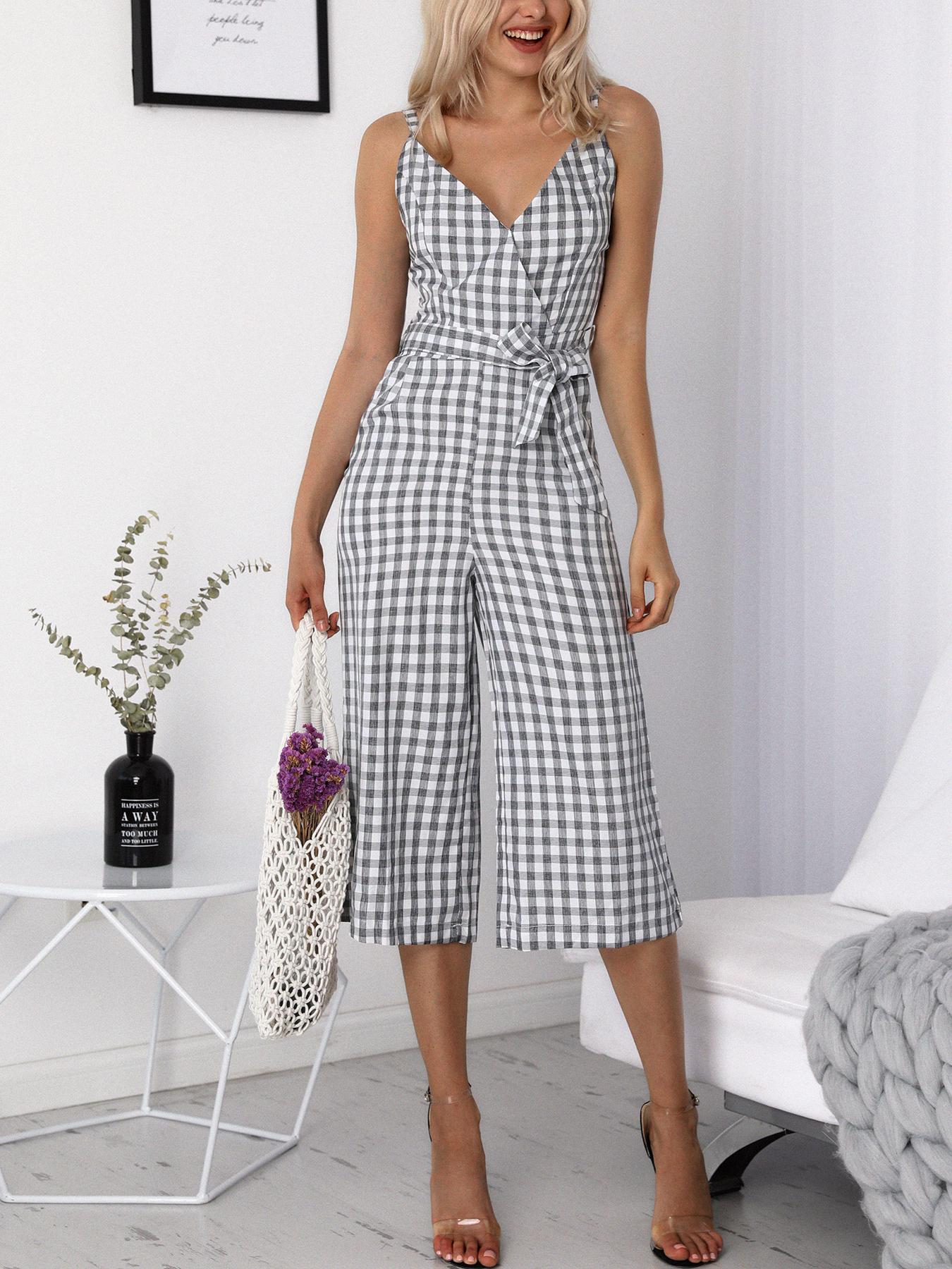 

Gingham Belted Wide Leg Wrap Jumpsuit, Gray