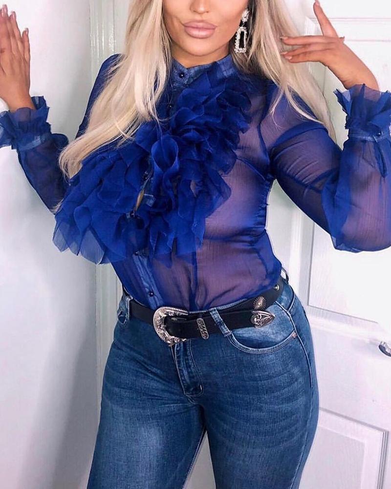 

Long Sleeve Ruffle Sheer Top, Blue