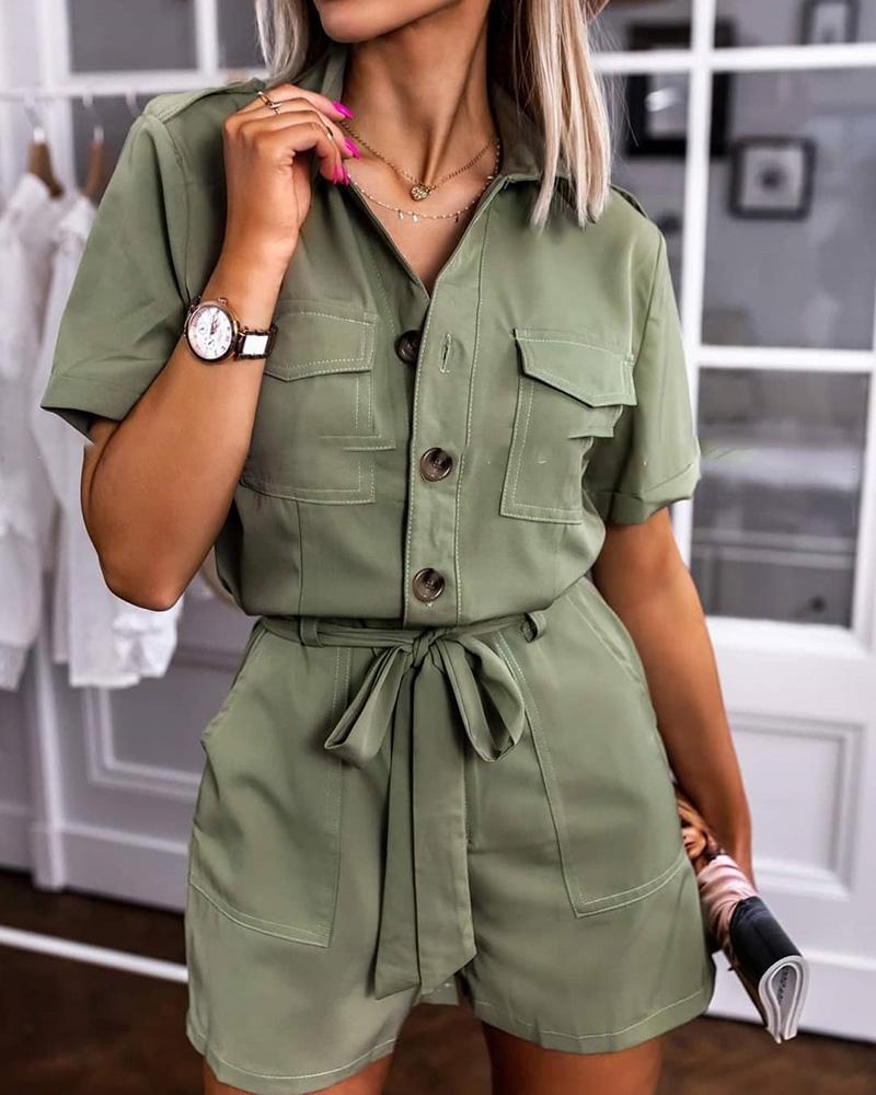

Solid Short Sleeve Bottoned Design Cargo Romper, Green
