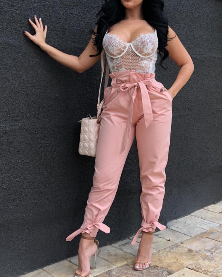 

Frill Waist Belted Tied Ankle Pants, Pink