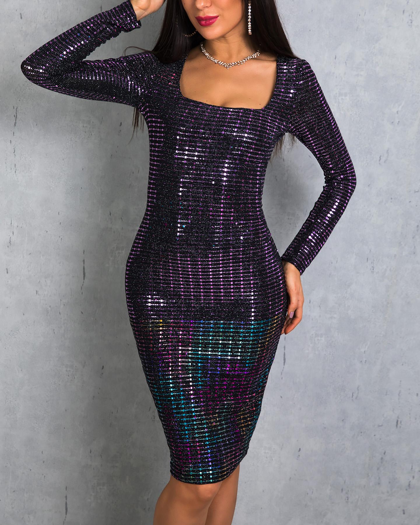 

Glitter Square Neck Long Sleeve Bodycon Dress
