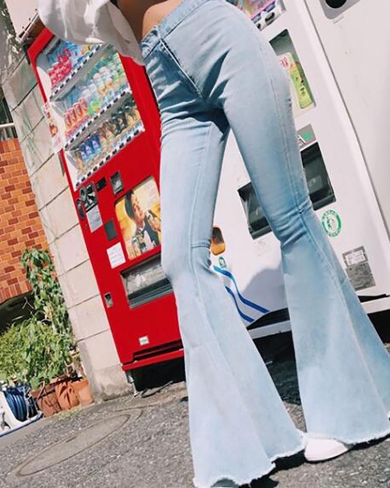 

High Waist Bell-bottomed Frayed Denim Pants, Light blue