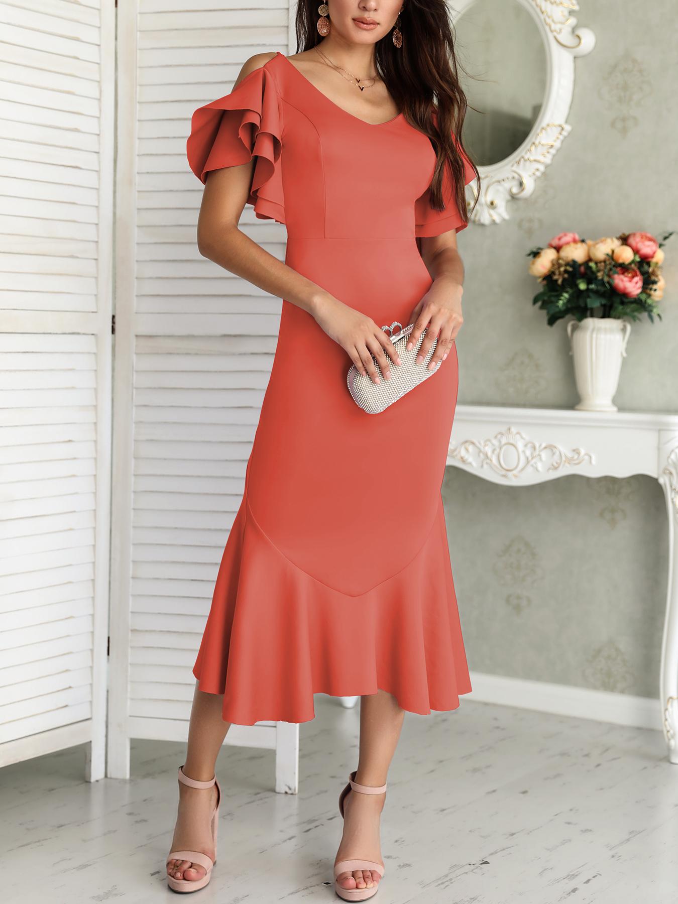 

Solid Ruffles Backless Fishtail Maxi Dress, Orange