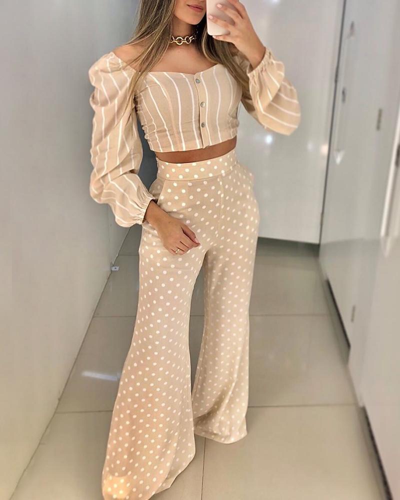 

Puffed Sleeve Striped Top & Dot Print Pant Sets, Apricot