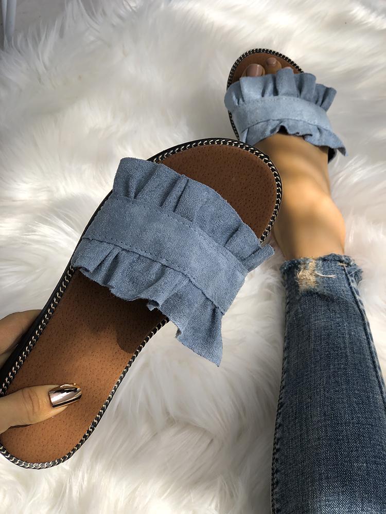 

Ruffles Hem Casual Summer Slipper, Blue;black;apricot