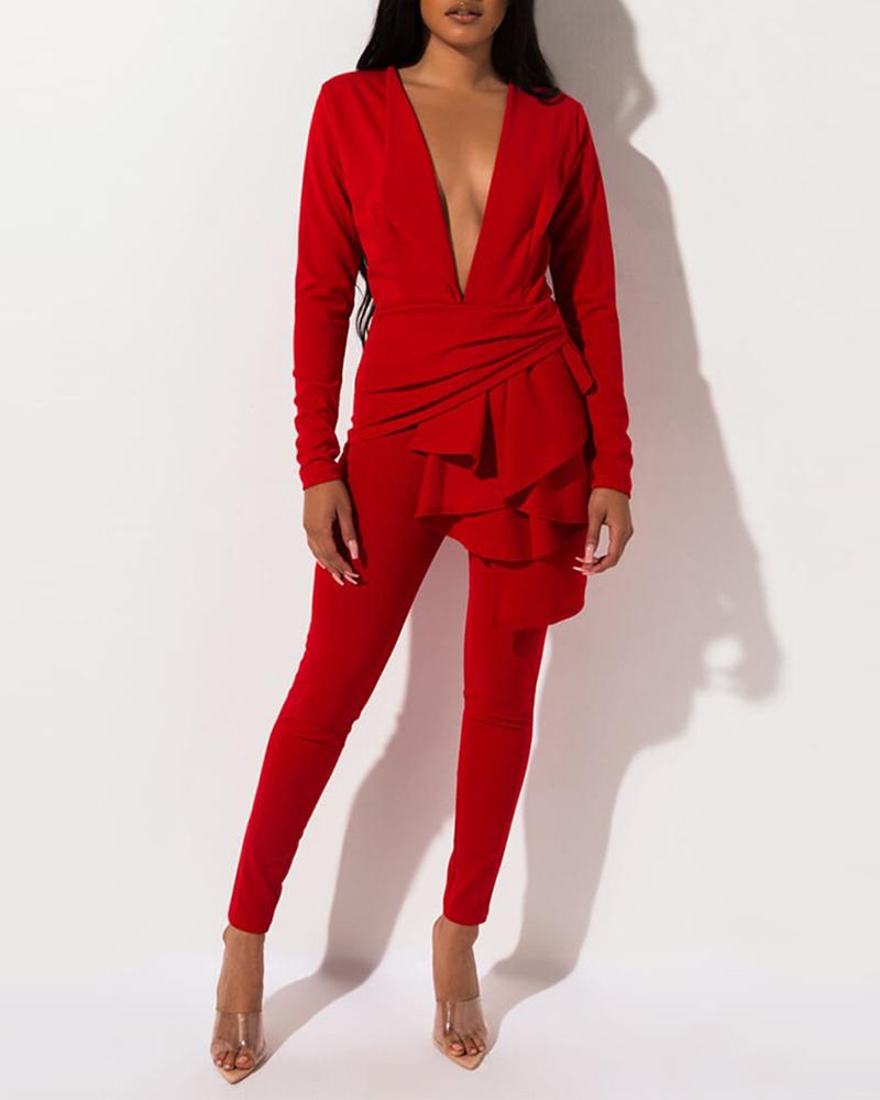 

Solid Plunge Ruffles Top & Pants Sets, Red