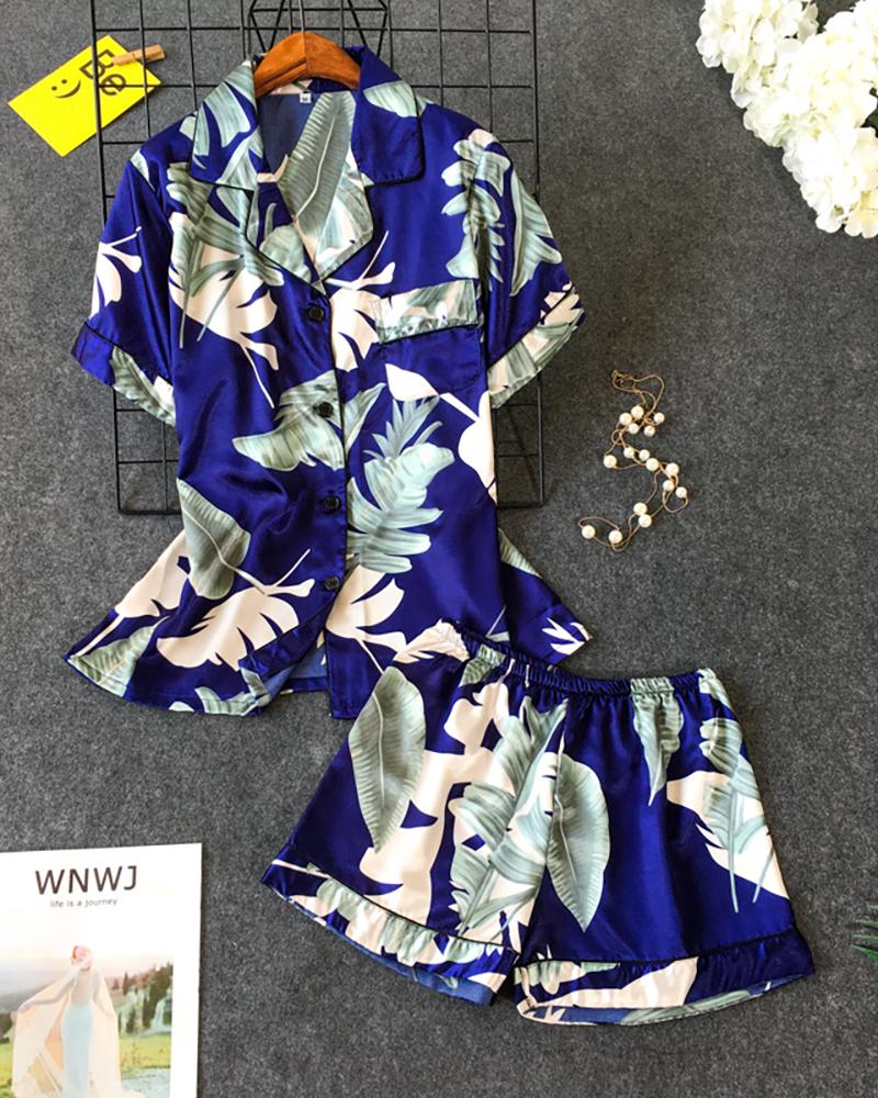 

Floral Print Pocket Design Pajamas Set, Blue