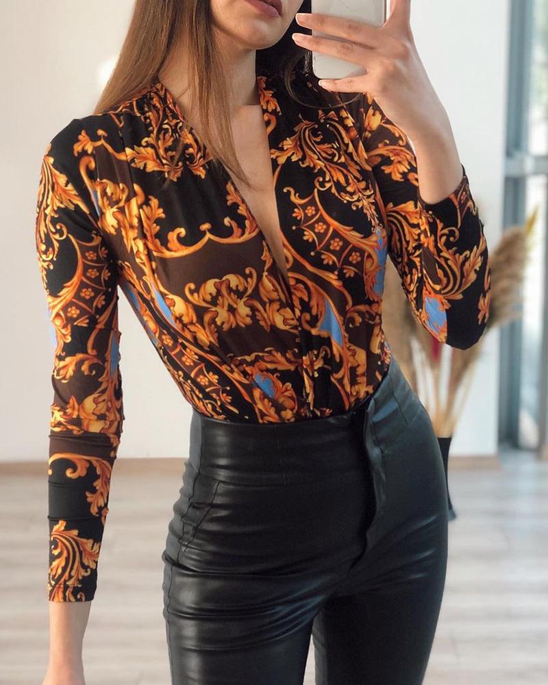 

Retro Print Long Sleeve Plunge Bodysuit, Black