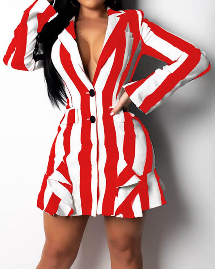 

Colorblock Striped Ruffles Detail Blazer Dress, Red