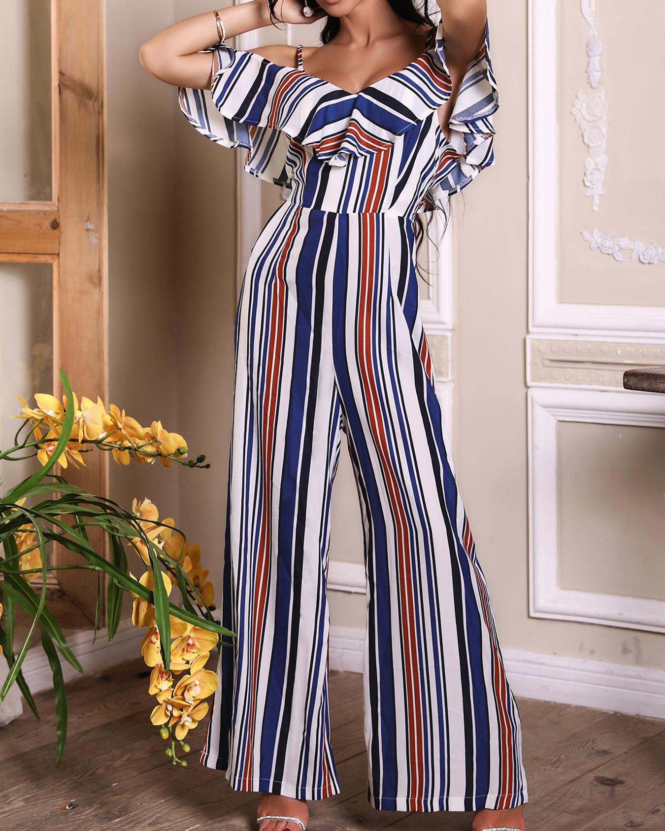 

Sexy Cold Shoulder Backless Stripes Frill Jumpsuit, Multicolor