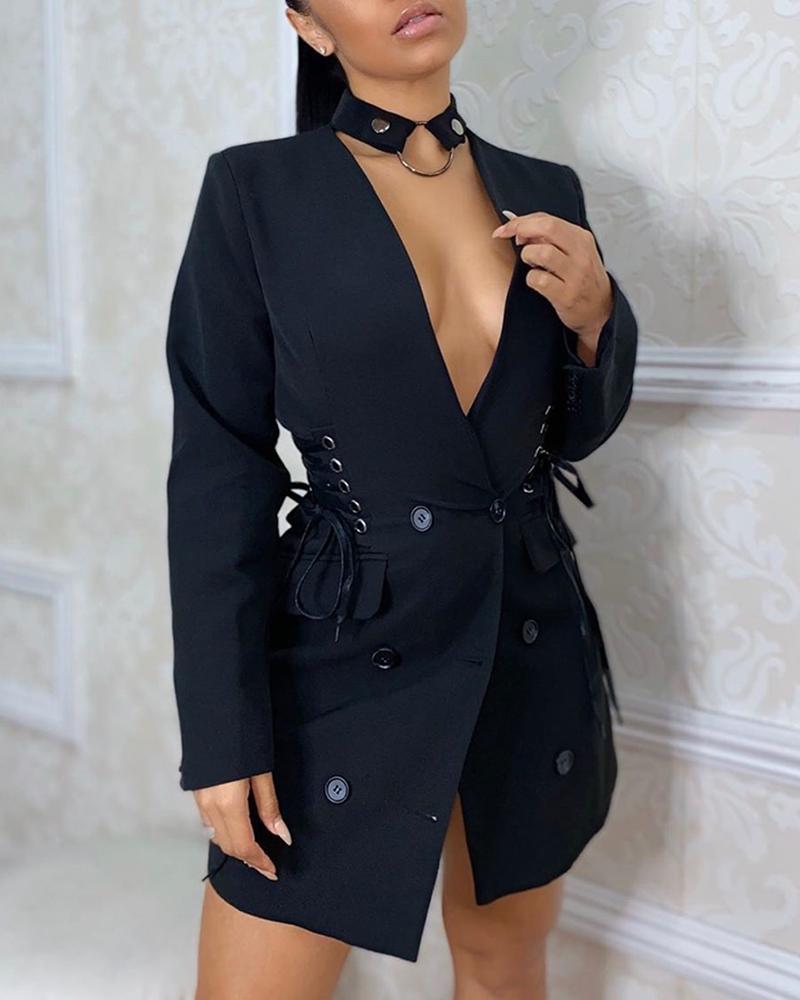 

Solid Plunge Eyelet Lace-Up Blazer Coat, Black