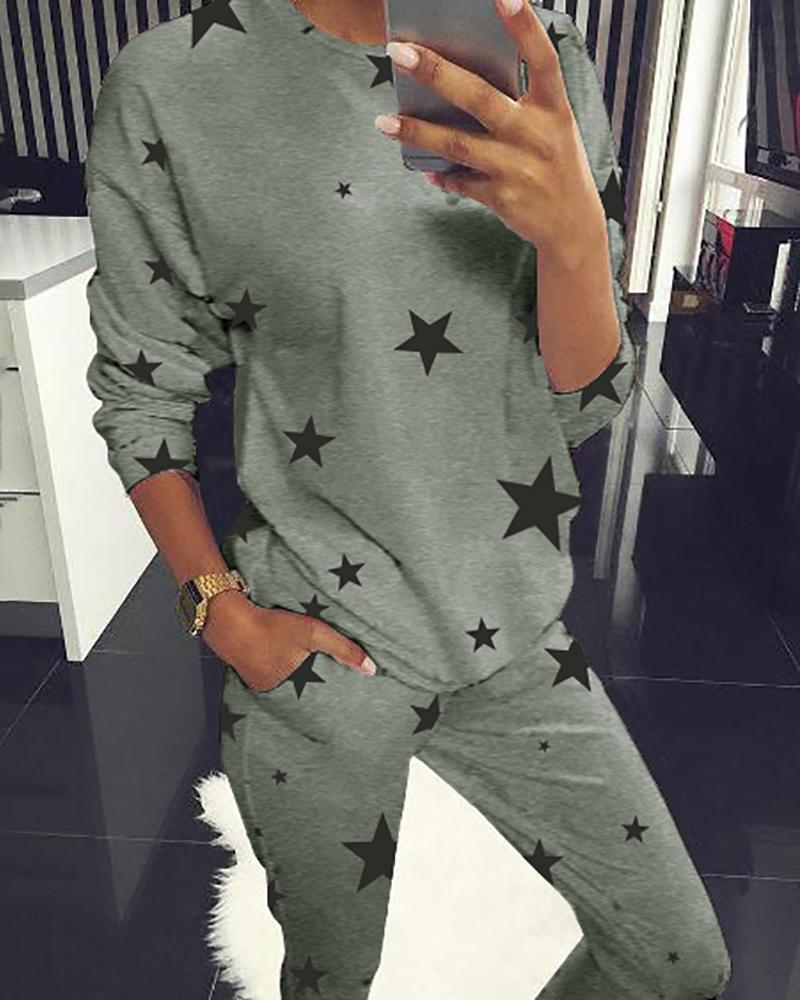 

Long Sleeve Stars Print Top & Pants Set, Gray