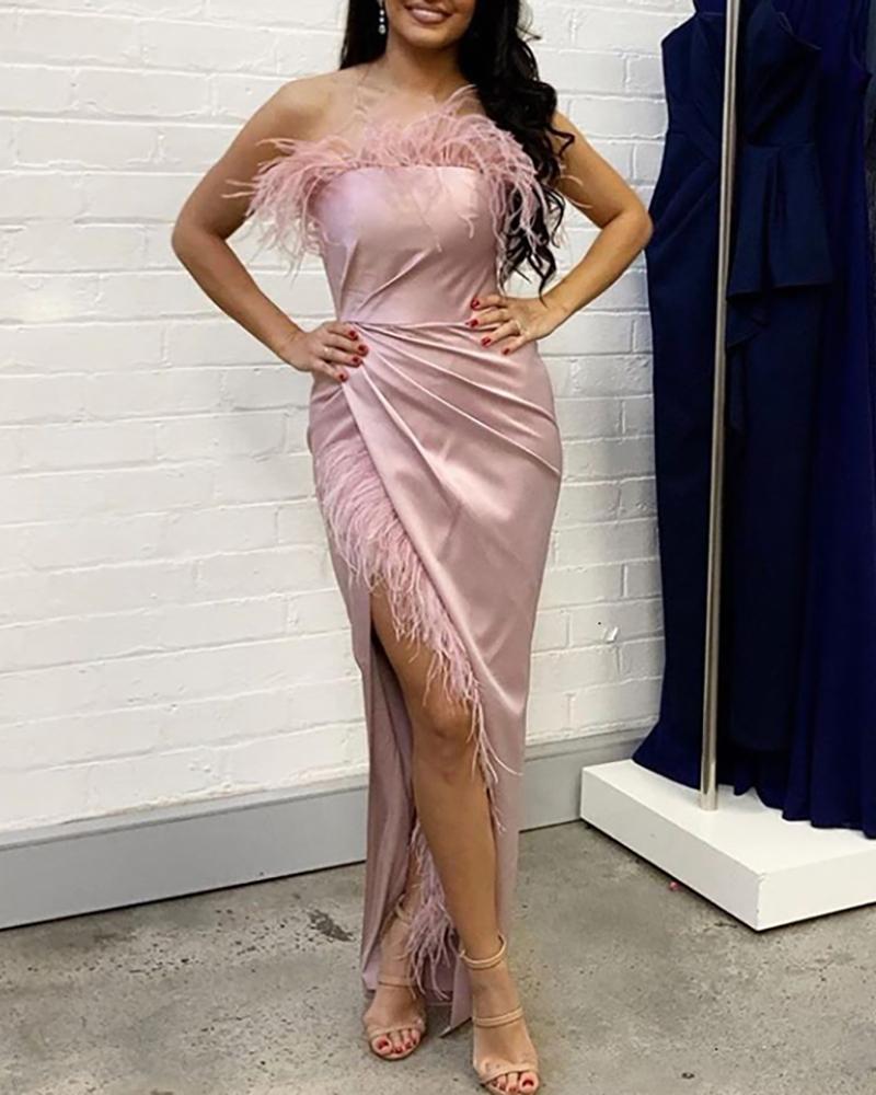 

Tube Feather Ruched High Slit Dress, Pink