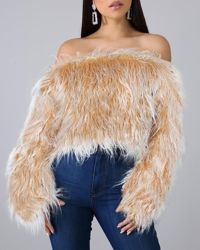 

Fluffy Long Sleeve Off Shoulder Top, Yellow