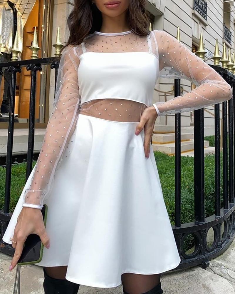 

Beads Embellished Mesh Patchwork Party Dress, White