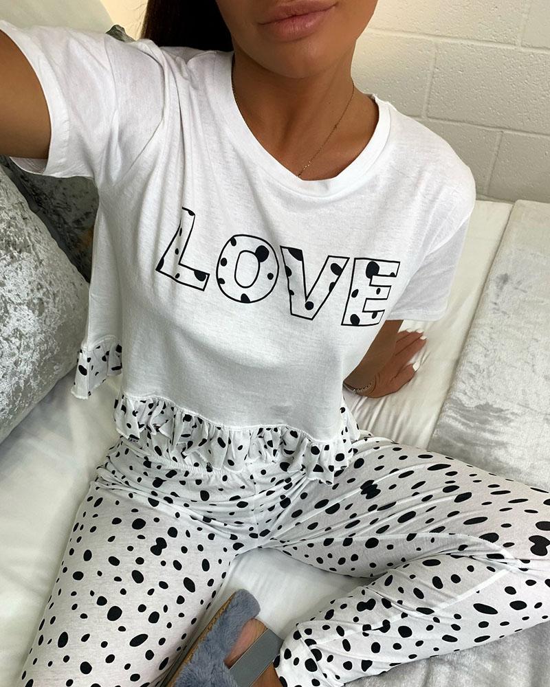 

Letter Polkadot Print Ruffles Pajamas Set, White